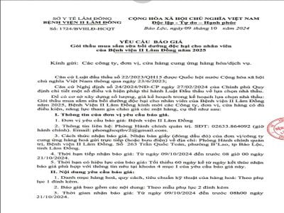  Yêu cầu báo giá Gói thầu mua sắm sữa bồi dưỡng độc hại cho nhân viên của Bệnh viện II Lâm Đồng năm 2025 